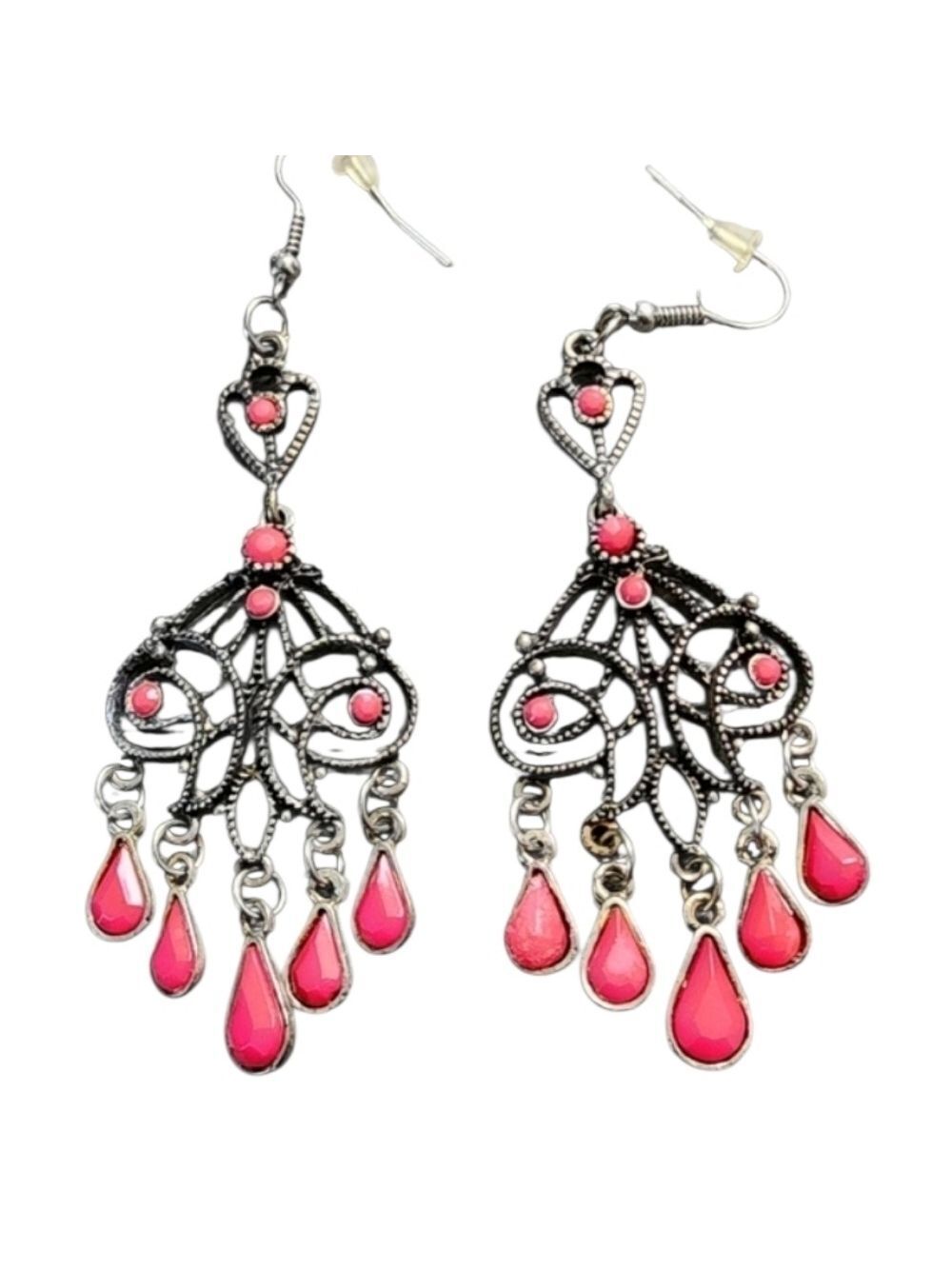 Pink and Black Chandelier Earrings with Filigree Design